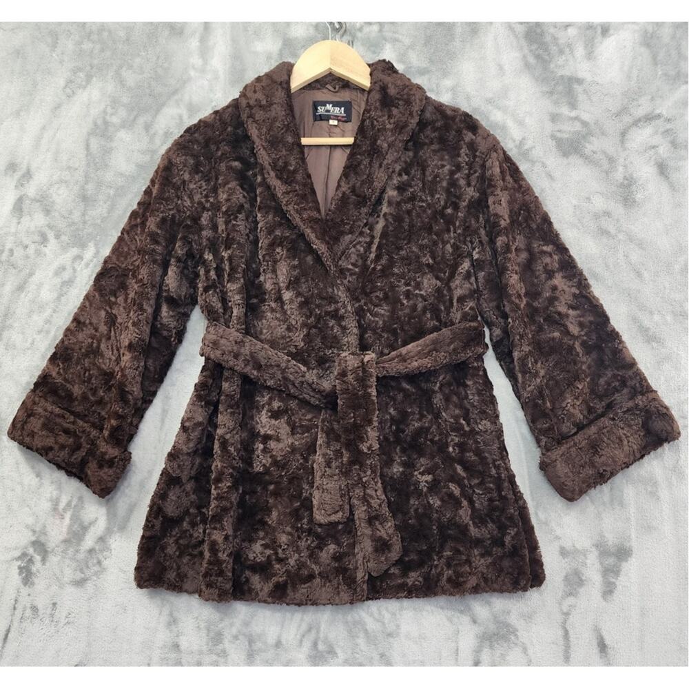 Vintage Sumera Co Maggu Jacket Womens S Brown Faux Fur Wrap‎ Belted Kimono Lined
